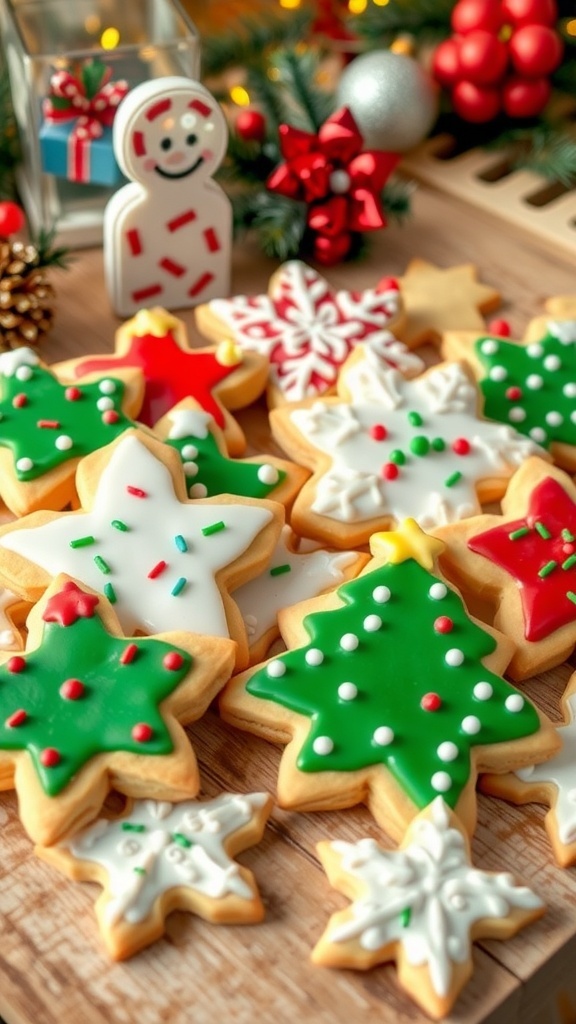 A variety of decorated Christmas sugar cookies in festive shapes on a wooden table.